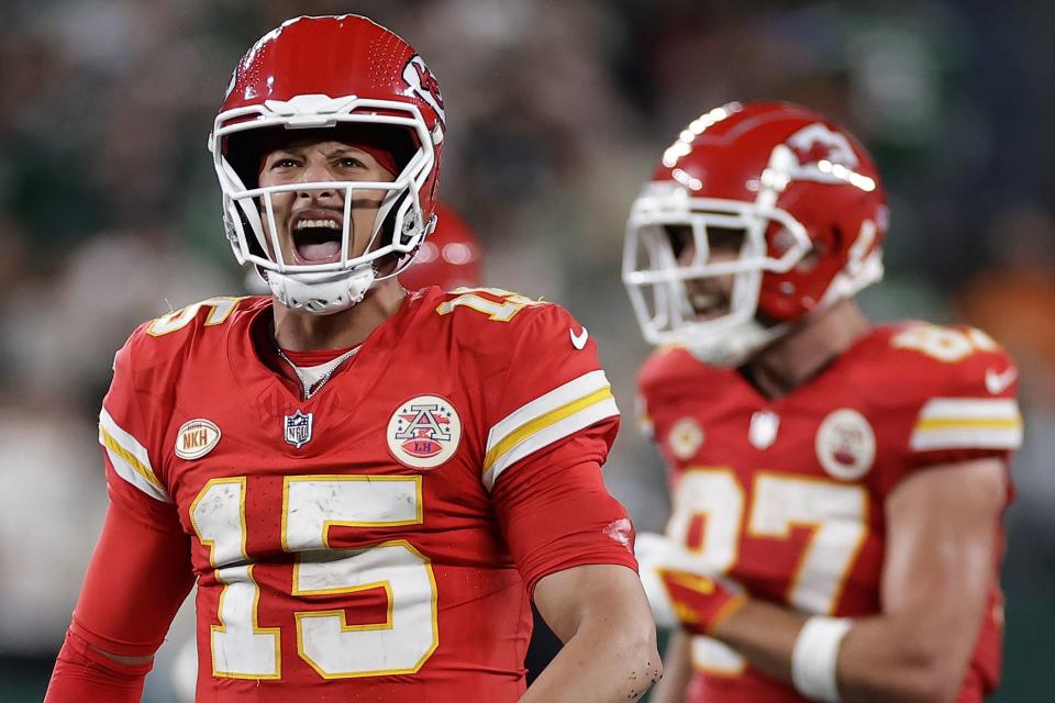 Kansas City Chiefs quarterback Patrick Mahomes (15) reacts after gaining a first down against the New York Jets during the fourth quarter of an NFL football game, Sunday, Oct. 1, 2023, in East Rutherford, N.J. | Adam Hunger, Associated Press