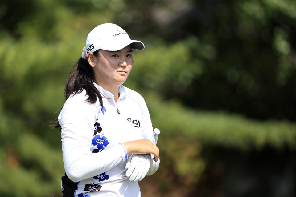 Allisen Corpuz on the fifth tee during the first round of the 2023 Kroger Queen City Championship at Kenwood Country Club in Cincinnati, Ohio. (Photo by Justin Casterline/Getty Images)