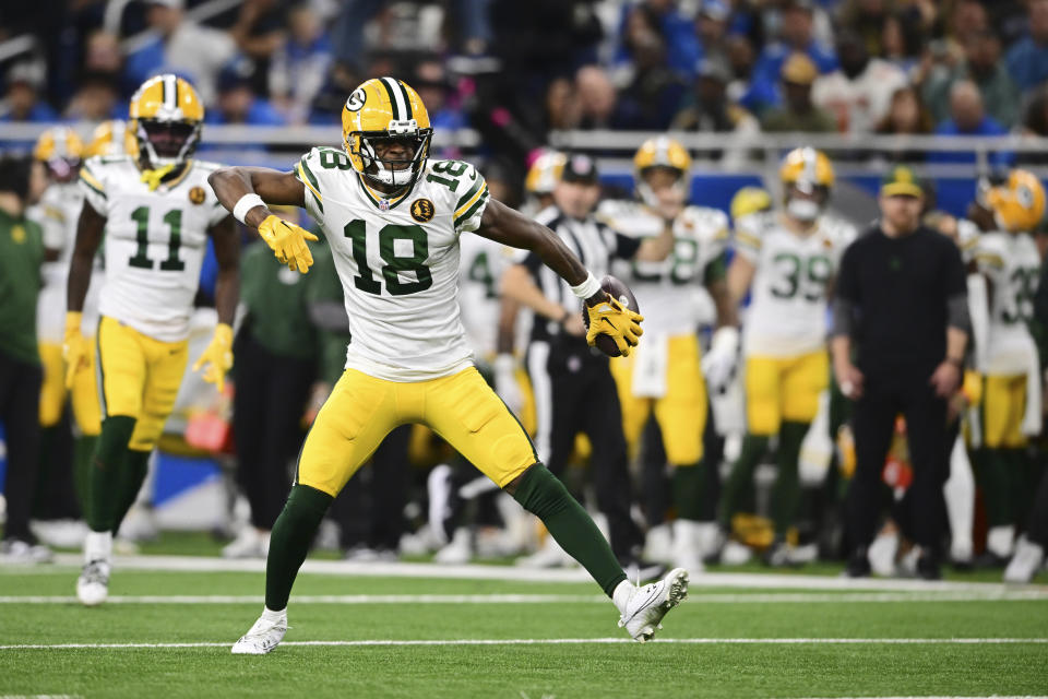 Green Bay Packers wide receiver Malik Heath reacts after a play during the second half of an NFL football game against the Detroit Lions, Thursday, Nov. 23, 2023, in Detroit. (AP Photo/David Dermer)