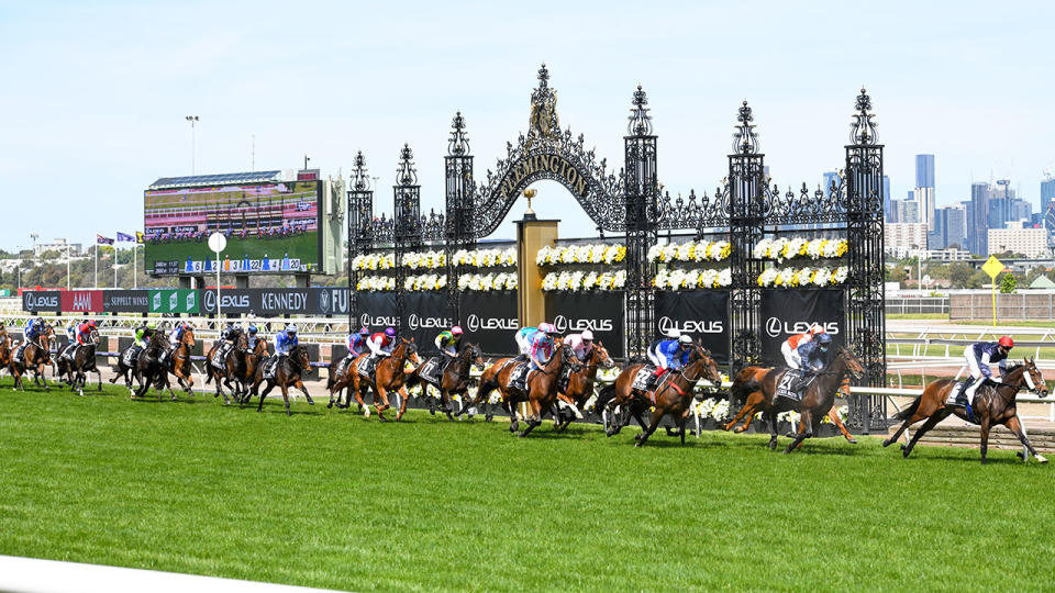 Seen here, jockeys and their horses compete in the 2020 Melbourne Cup. 