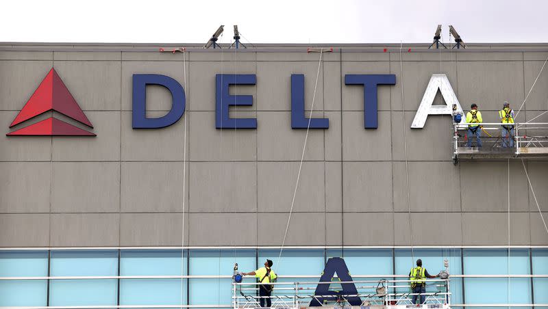 Exterior signage for the Delta Center is installed in Salt Lake City on Thursday, May 25, 2023. The arena was built in 1991 under the name Delta Center. It has been named Vivint Arena since 2015, and will become the Delta Center in July.