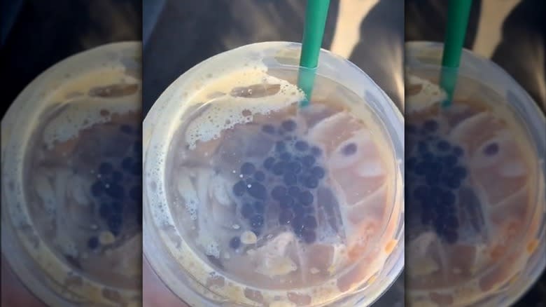 Close-up of a Starbucks test drink with coffee pearls