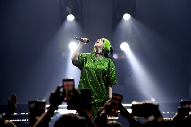 Billie Eilish on stage in custom Gucci at the Billie Eilish "Where Do We Go?" World Tour Kick Off in Miami earlier this month.