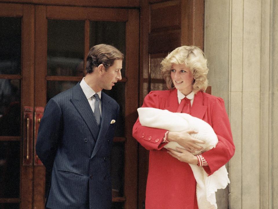 Prince Charles and Princess Diana outside the hospital shortly after the birth of Prince Harry.
