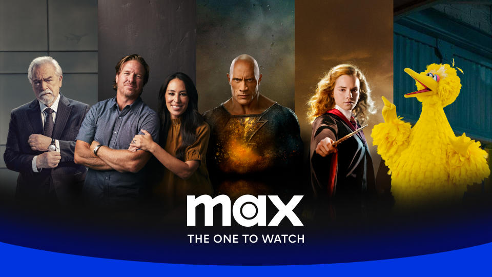 (L to R), Brian Cox as Logan Roy, Chip & Joana Gaines, Dwayne Johnson as Black Adam, Emma Watson as Hermione Granger and Big Bird in a Max graphic, above the Max logo and the tag line 