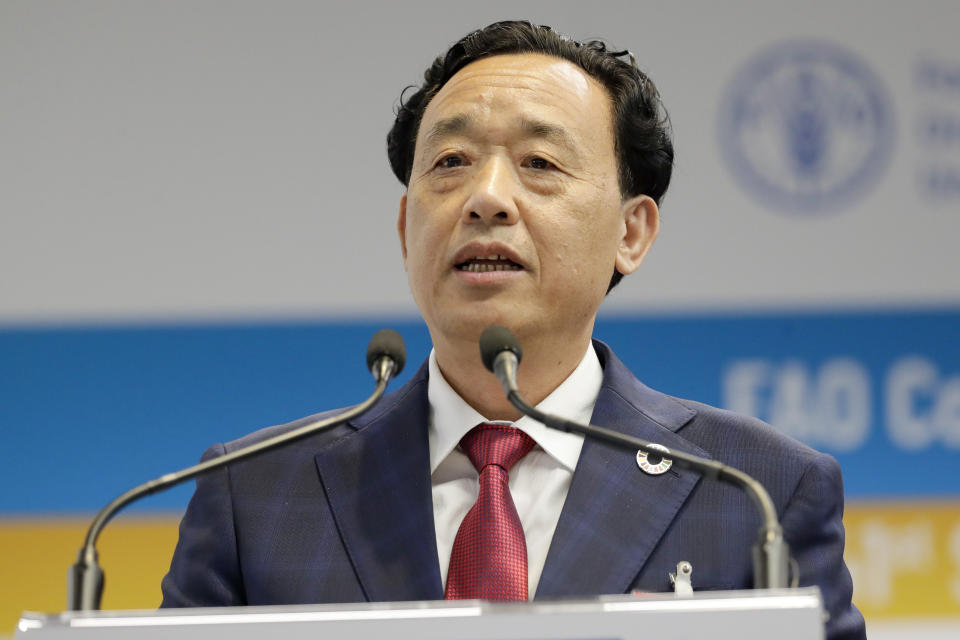 Qu Dongyu from China, one of the candidates for the Director-General position of the FAO (UN Food and Agriculture Organization), addresses a plenary meeting of the 41st Session of the Conference, at the FAO headquarters in Rome, Saturday, June 22, 2019. The new FAO Director-General will be voted on Sunday. (AP Photo/Andrew Medichini)