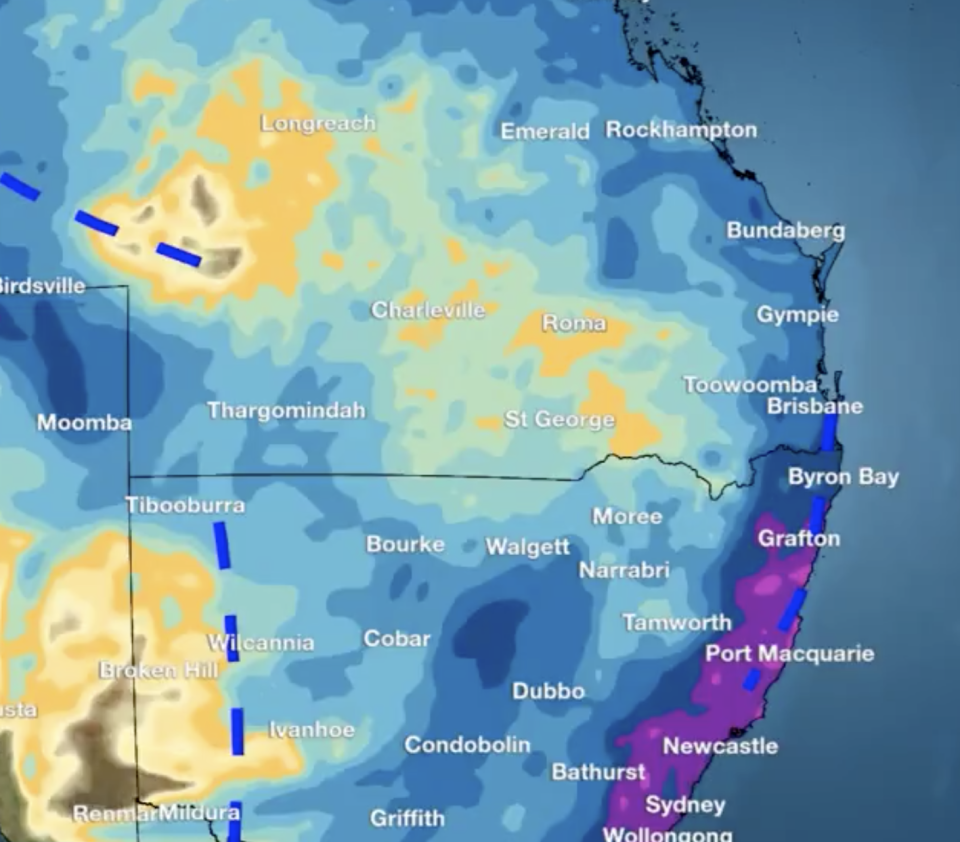 A weather map of Australia's east coast shows heavy rainfall.