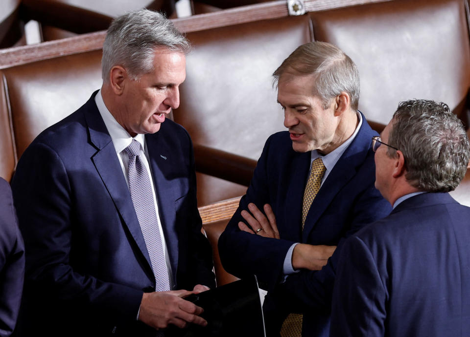 Former Speaker of the House Kevin McCarthy talks with Ohio Rep. Jim Jordan in the U.S. Capitol in Washington on Oct. 20.