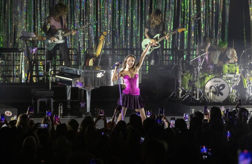 Los Angeles, CA - May 24: Olivia Rodrigo performs onstage at the Greek Theatre on Tuesday, May 24, 2022 in Los Angeles, CA. (Brian van der Brug / Los Angeles Times)