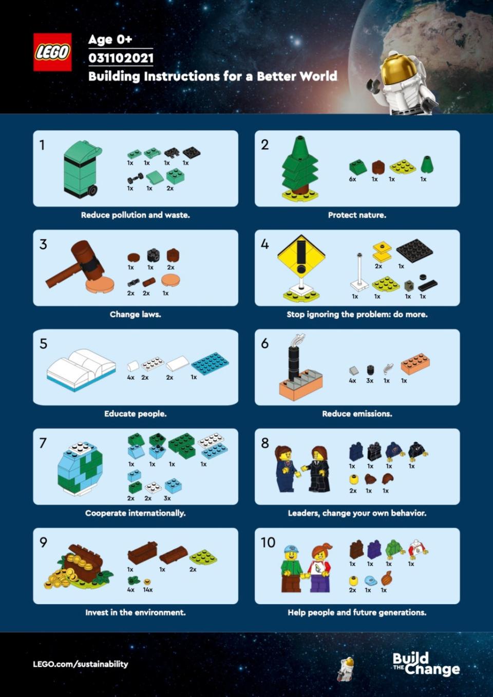 LEGO’s 10 climate change-tackling building instructions include “investing in the environment” (LEGO)