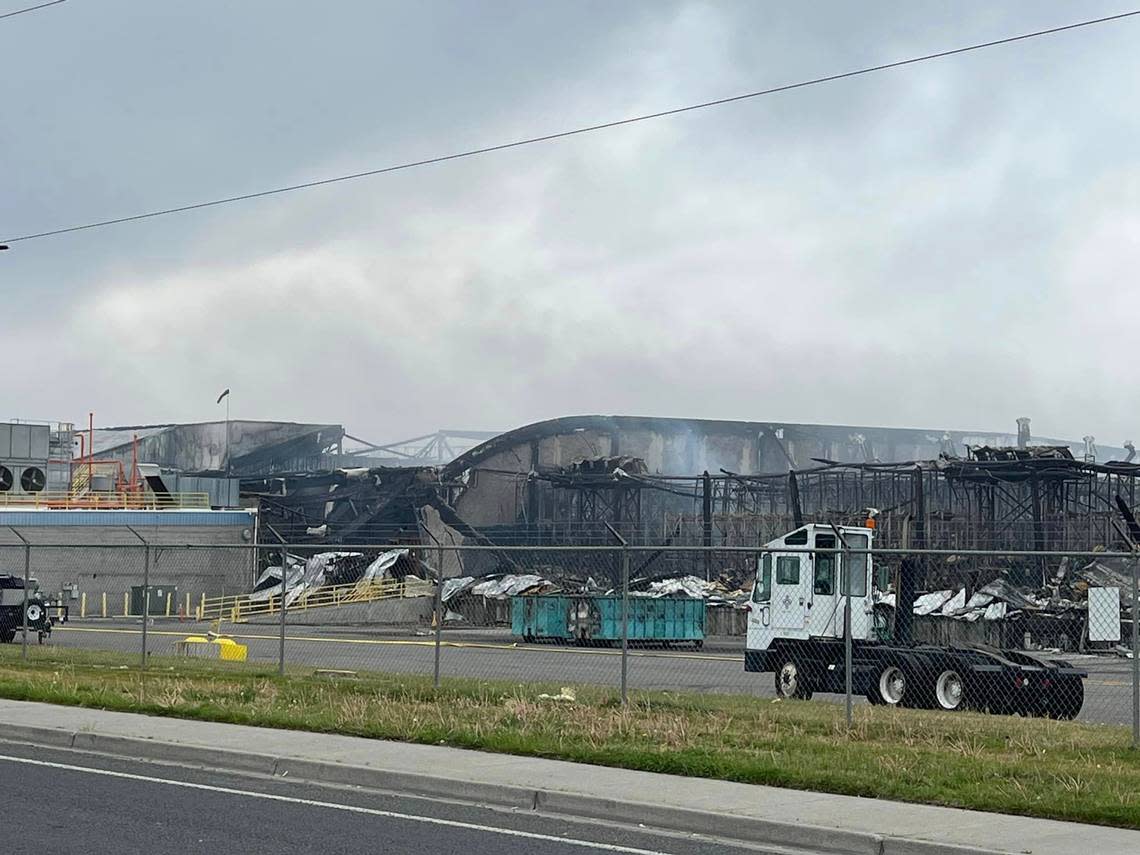 What remains of the Lineage Logistics cold storage warehouse in Finley as a fire that started April 21 continues to burn.