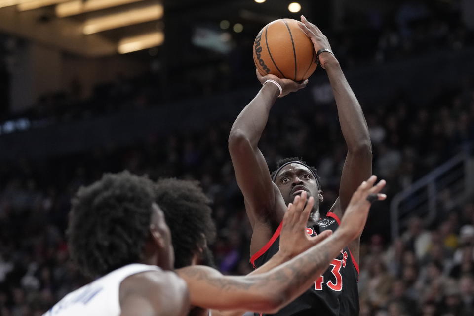 Toronto Raptors forward Pascal Siakam (43) looks to shoot against the Detroit Pistons during the first half of an NBA basketball game Friday, March 24, 2023, in Toronto. (Frank Gunn/The Canadian Press via AP)