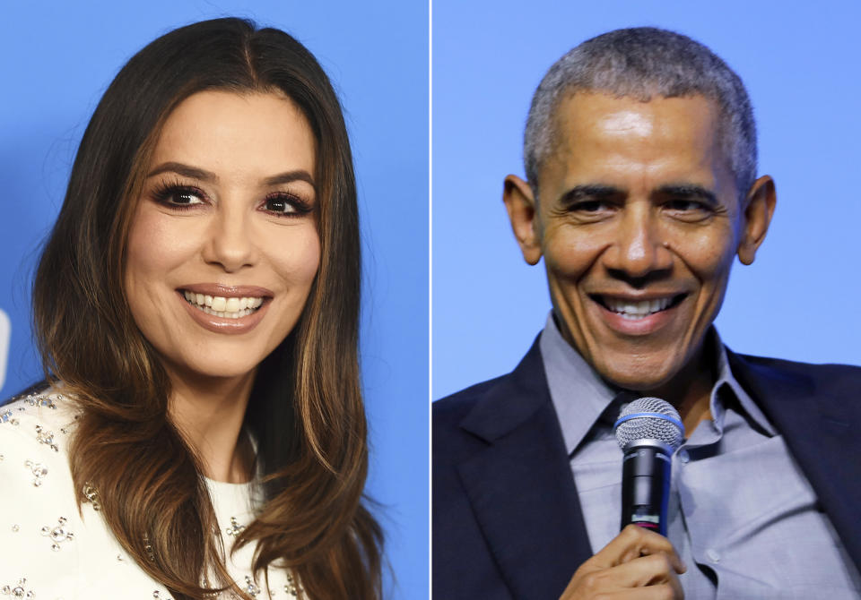 Eva Longoria arrives at the 2019 Hollywood Foreign Press Association's Annual Grants Banquet in Beverly Hills, Calif. on July 31, 2019, left, and former U.S. President Barack Obama appears at the Gathering of Rising Leaders in the Asia Pacific in Kuala Lumpur, Malaysia, on Dec. 13, 2019. Longoria and Obama are joining a social media chat next week about COVID-19 vaccines and the pandemic’s effects on women, particularly women of color. Made to Save, the United State of Women, Supermajority and the U.S. Department of Health and Human Services are hosting Monday’s event on Facebook Live. (AP Photo)
