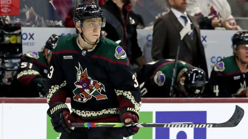 Dermott displayed a small amount of Pride Tape on the handle of his hockey stick on Saturday, becoming the first player to go against the ban. - Zac BonDurant/Getty Images