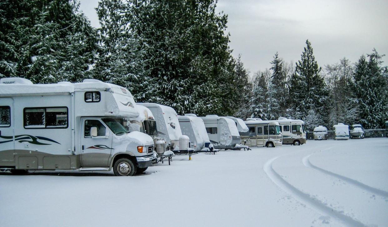 Port Townsend, Washington, USA. January 3, 2015RV's parked in a snow covered storage area.