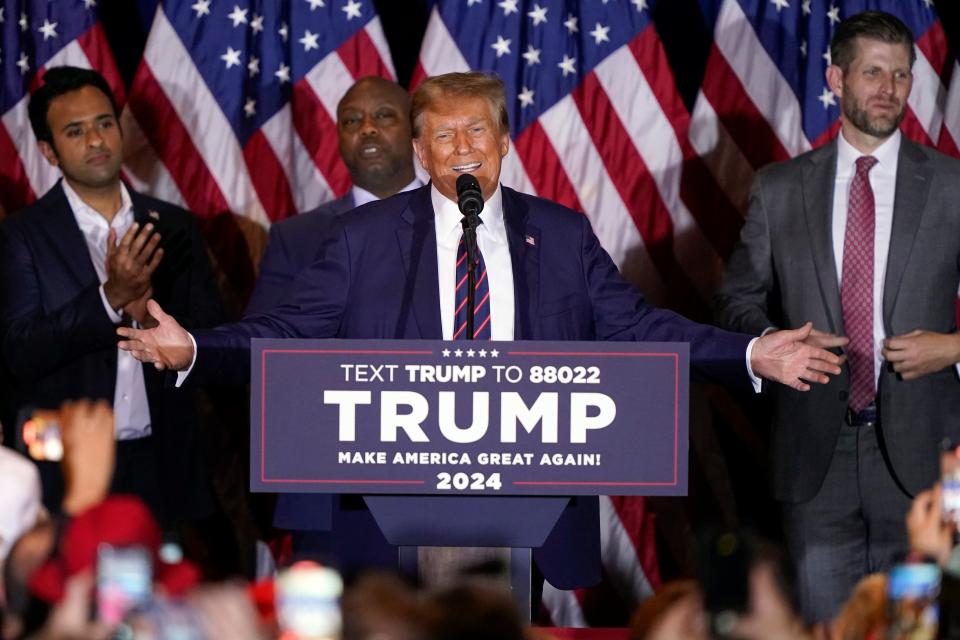 Republican presidential hopeful and former US President Donald Trump gestures during an Election Night Party in Nashua, New Hampshire, on January 23, 2024. Donald Trump won the key New Hampshire primary Tuesday, moving him ever closer to locking in the Republican presidential nomination and securing an extraordinary White House rematch with Joe Biden.