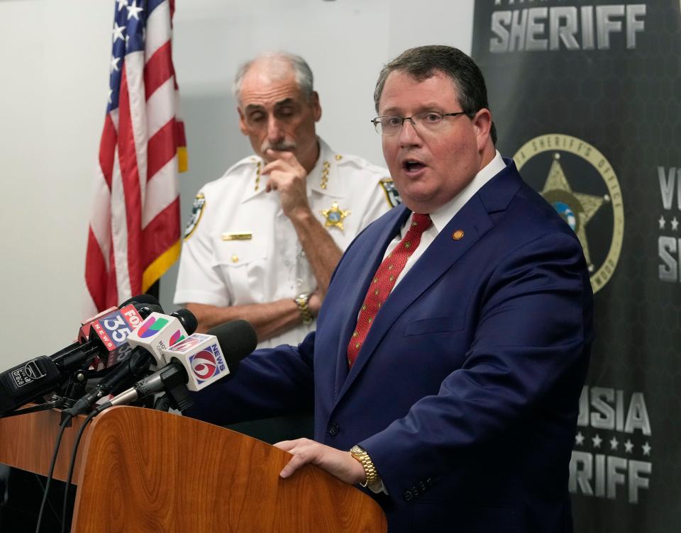 State Rep. Randy Fine speaks about a local hate group during press conference at the Volusia County Sheriffs training facility, Monday, Feb. 27, 2023 