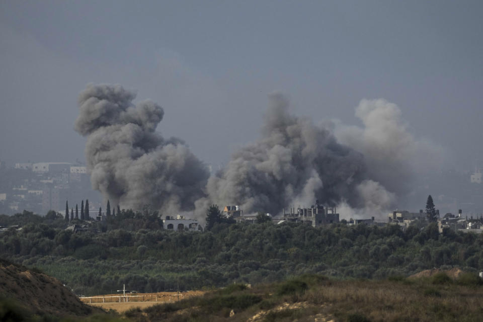 Smoke rises following an Israeli airstrike in the Gaza Strip, as seen from southern Israel, Saturday, Nov. 11, 2023. (AP Photo/Leo Correa)