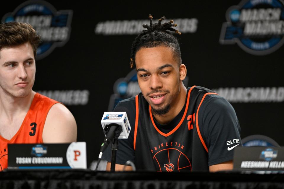 Mar 23, 2023; Louisville, KY, USA;  Princeton Tigers forward Tosan Evbuomwan (20) answers a question during a press conference for their NCAA Tournament South Region game at KFC YUM! Center. Mandatory Credit: Jamie Rhodes-USA TODAY Sports
