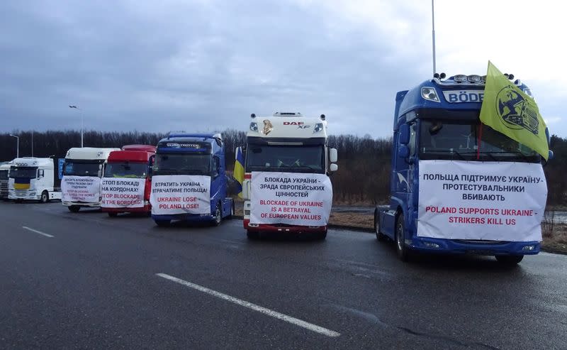 Ukrainian trucks are seen during a counter-demonstration against the blockade of the border by the Polish protesters at the checkpoint Rava-Ruska on Ukraine-Poland border