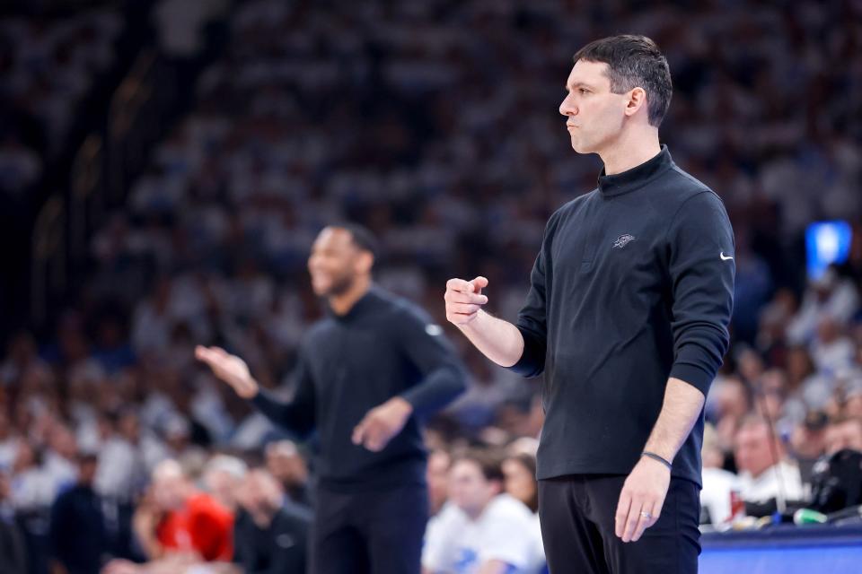 Oklahoma City head coach Mark Daigneault stands on the sidelines in the first quarter during game one of the NBA playoffs between the Oklahoma City Thunder and the New Orleans Pelicans at the Paycom Center in Oklahoma City, on Sunday, April 21, 2024.