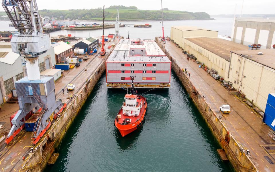 The Bibby Stockholm accommodation barge arrives into Falmouth docks, Cornwall - PA