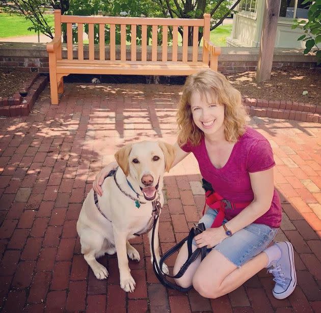 The author with her rescue dog, Beau, in May 2022 at Harvard University, where the author teaches in the Harvard College Writing Program. (Photo: Courtesy of Tracy Strauss)