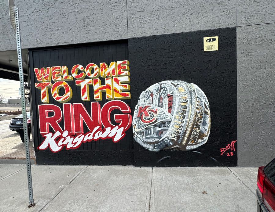 "Welcome to the Ring Kingdom" Kansas City Chiefs mural at 74th Terrace and Wornall Road. (FOX4 photo)