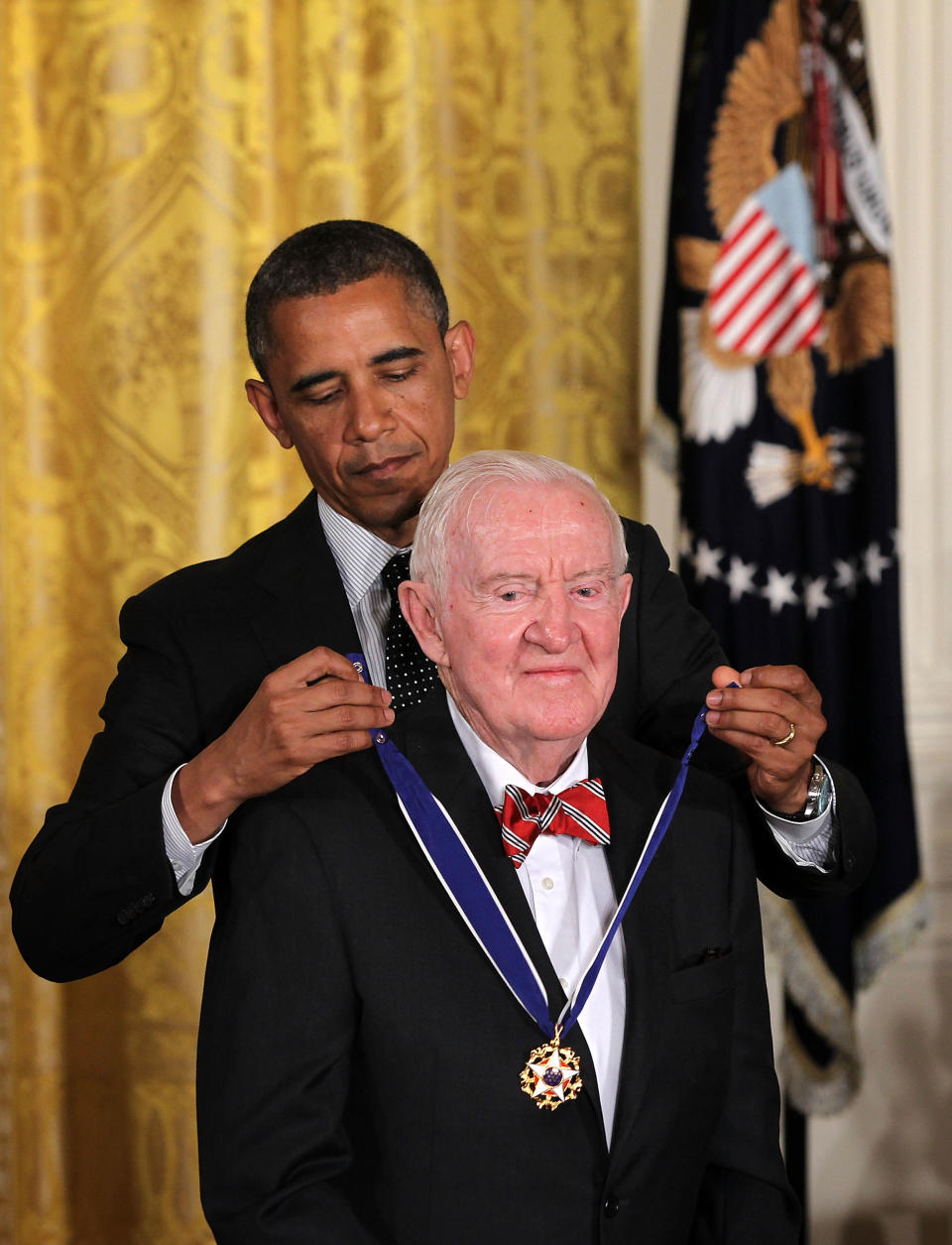 Justice John Paul Stevens is presented with the Presidential Medal of Freedom by President Barack Obama during an East Room event on May 29, 2012. The Medal of Freedom, the nation's highest civilian honor, is&nbsp;given to individuals who have made especially meritorious contributions to the security or national interests of the United States, to world peace, or to cultural or other significant public or private endeavors.
