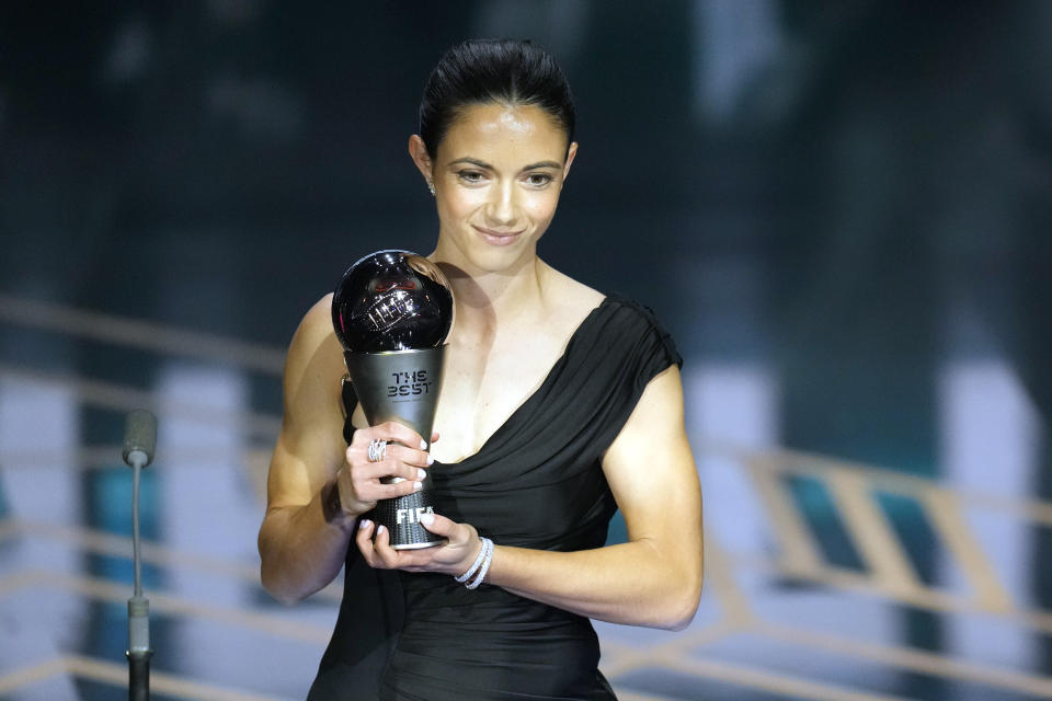 Barcelona's and Spain's Aitana Bonmati accepts the Best Women's Player award during the FIFA Football Awards 2023 at the Eventim Apollo in Hammersmith, London, Monday, Jan. 15, 2024. (AP Photo/Kirsty Wigglesworth)