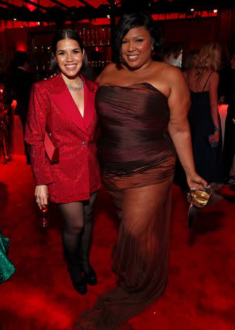 <p>Kevin Mazur/VF24/WireImage for Vanity Fair</p> America Ferrera and Lizzo