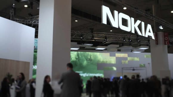 A Nokia sign at the Mobile World Conference.