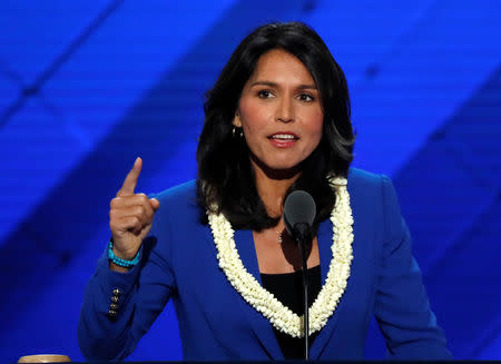 FILE PHOTO: U.S. Representative Tulsi Gabbard (D-HI) delivers a nomination speech for Senator Bernie Sanders on the second day at the Democratic National Convention in Philadelphia, Pennsylvania, U.S. July 26, 2016. REUTERS/Mike Segar/File Photo