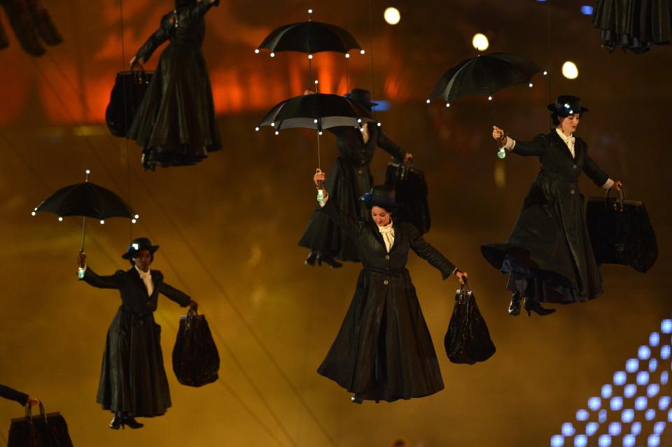 Actors dressed as Mary Poppins perform during the opening ceremony of the London 2012 Olympic Games. (Getty)