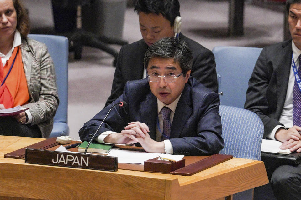 Japan's United Nations Ambassador, Kimihiro Ishikane, address a U.N. Security Council meeting to discuss North Korea's ballistic missile test, Wednesday Oct. 5, 2022 at U.N. headquarters. (AP Photo/Bebeto Matthews)