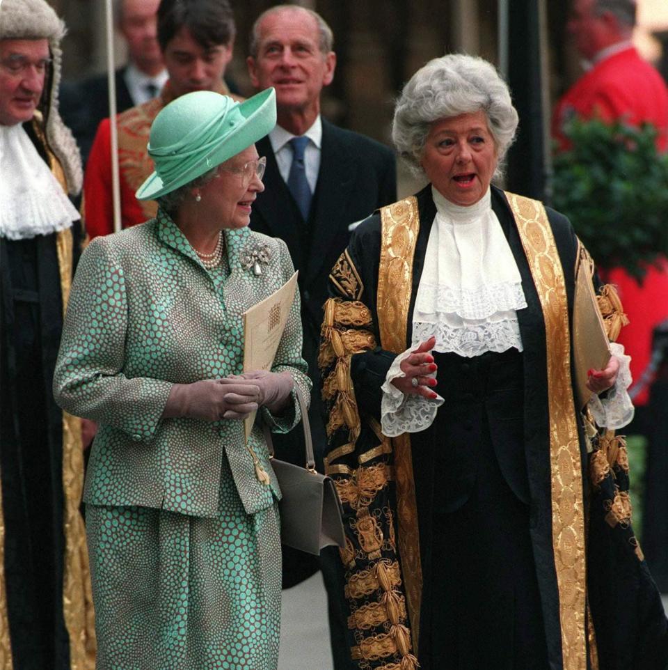 Baroness Boothroyd talks to Queen Elizabeth II at the Palace of Westminster in 2005 - Tim Graham Photo Library/Getty Images