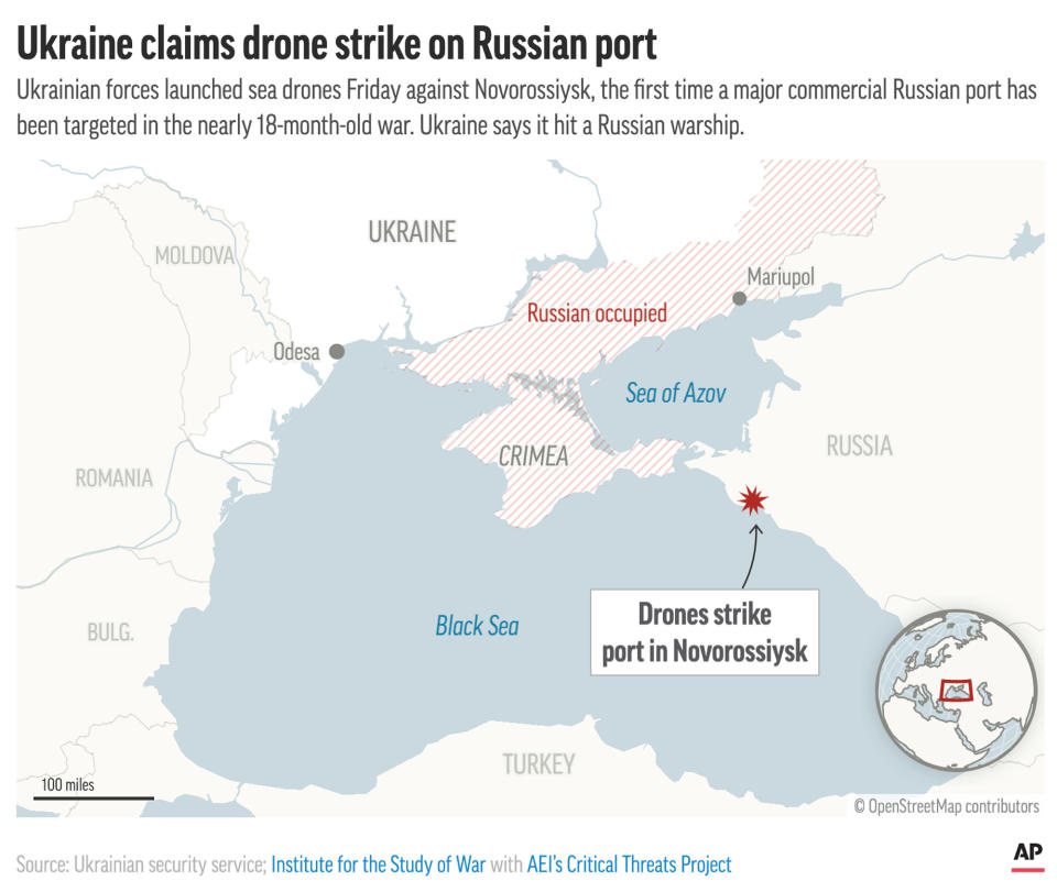 Ukraine says a sea drone damaged a Russian warship in an attack Friday on a commercial port in Russian territory. (AP Graphic)