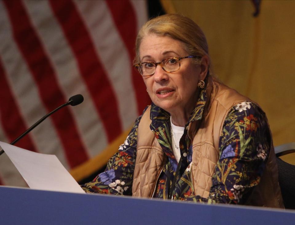 Judy Persichilli, Commissioner of the New Jersey Department of Health answers questions during the New Jersey Governor's daily press briefing at the War Memorial in Trenton on April 25, 2020, regarding updates on the coronavirus.