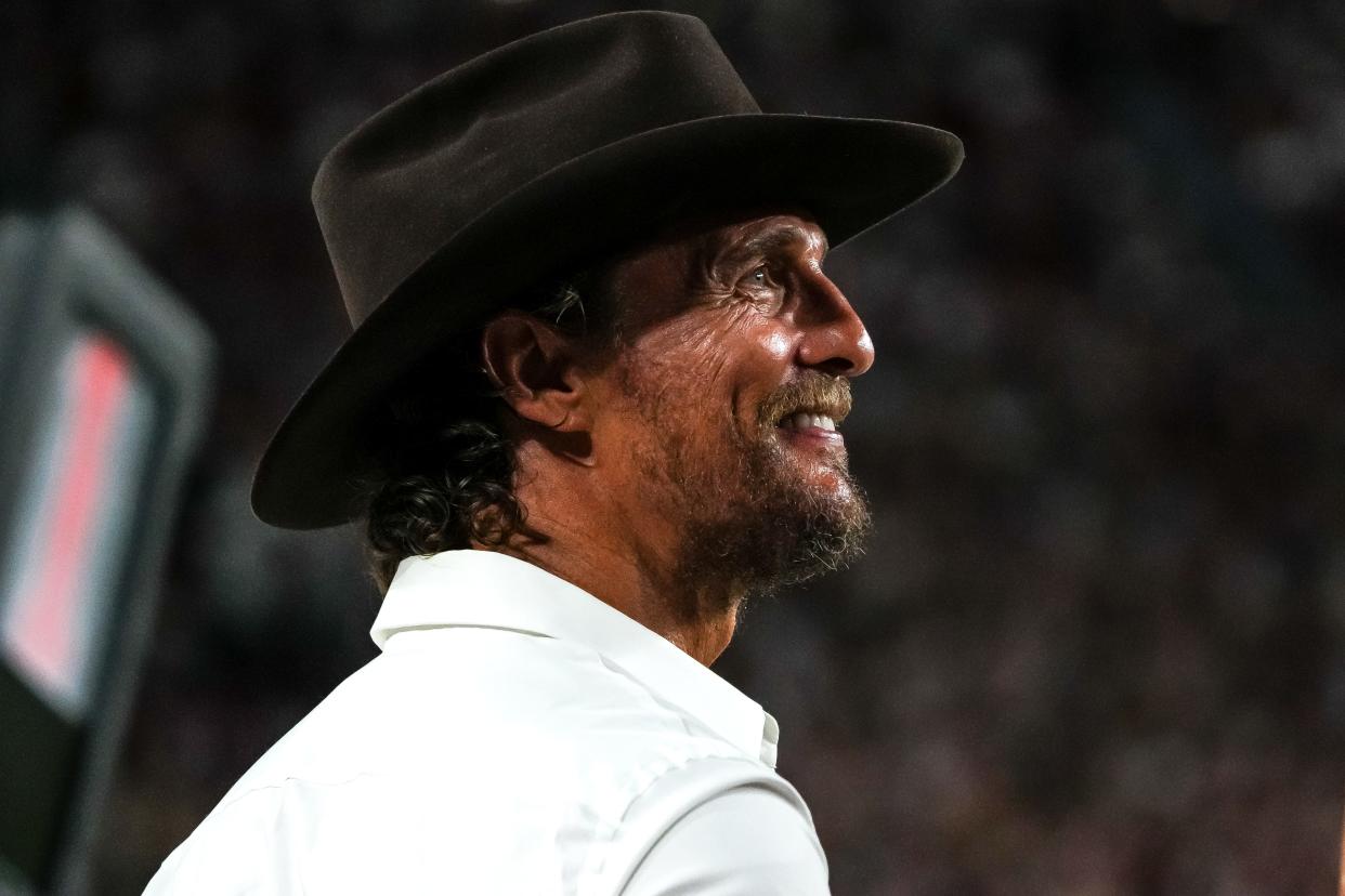 Actor Matthew McConaughey watches the Texas Longhorns game against Alabama at Bryant-Denny Stadium on Saturday, Sep. 9, 2023 in Tuscaloosa, Alabama.