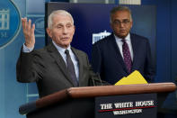 Dr. Anthony Fauci, Director of the National Institute of Allergy and Infectious Diseases, speaks alongside White House COVID-19 Response Coordinator Ashish Jha during a press briefing at the White House, Tuesday, Nov. 22, 2022, in Washington. (AP Photo/Patrick Semansky)