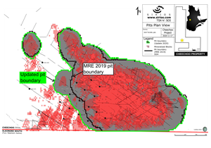 The black-outlined conceptual pit contains the first resource estimate of 1.6 M oz of gold. The green-outlined grey conceptual pit contains the new resource estimate of 1.96 M oz of gold.