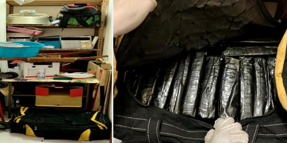 Some of the drugs seized were found in two bags inside the storeroom (left) of a residential unit around Choa Chu Kang Ave 4. One of the bags (right) held 20 bundles containing about 19,772g of cannabis. (PHOTOS: Central Narcotics Bureau)