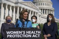 House Speaker Nancy Pelosi, D-Calif., joined from left by Rep. Sylvia Garcia, D-Texas, Rep. Judy Chu, D-Calif., and Rep. Diana DeGette, D-Colo., holds a news conference just before a House vote on legislation aimed at guaranteeing a woman’s right to an abortion, an effort by House Democrats to circumvent a new Texas law that has placed that access under threat, at the Capitol in Washington, Friday, Sept. 24, 2021. (AP Photo/J. Scott Applewhite)