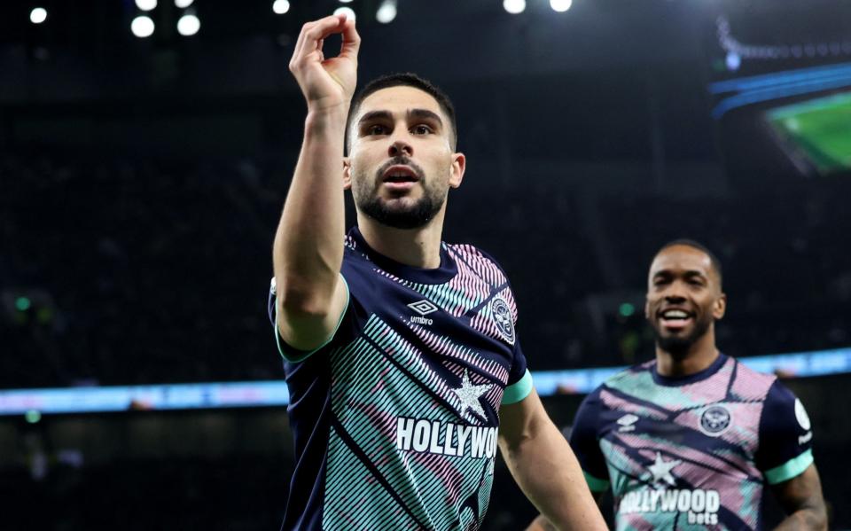 Brentford's Neal Maupay celebrates scoring their first goal in the 3-2 defeat at Tottenham last month