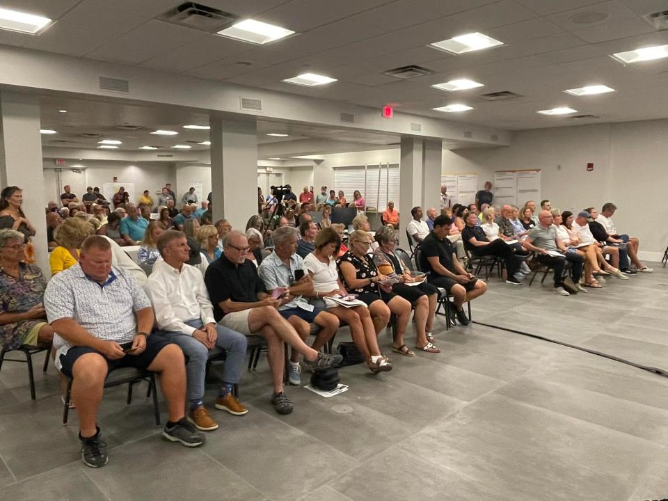 A full house at the Lee County Recovery Task Force town hall at DiamondHead Beach Resort on Fort Myers Beach Thursday night, May 4, 2023.