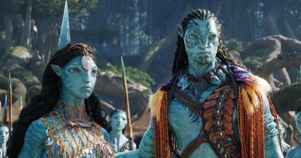 Ronal (Kate Winslet, left) and husband Tonowari are leaders of the Metkayina clan in "Avatar: The Way of Water."