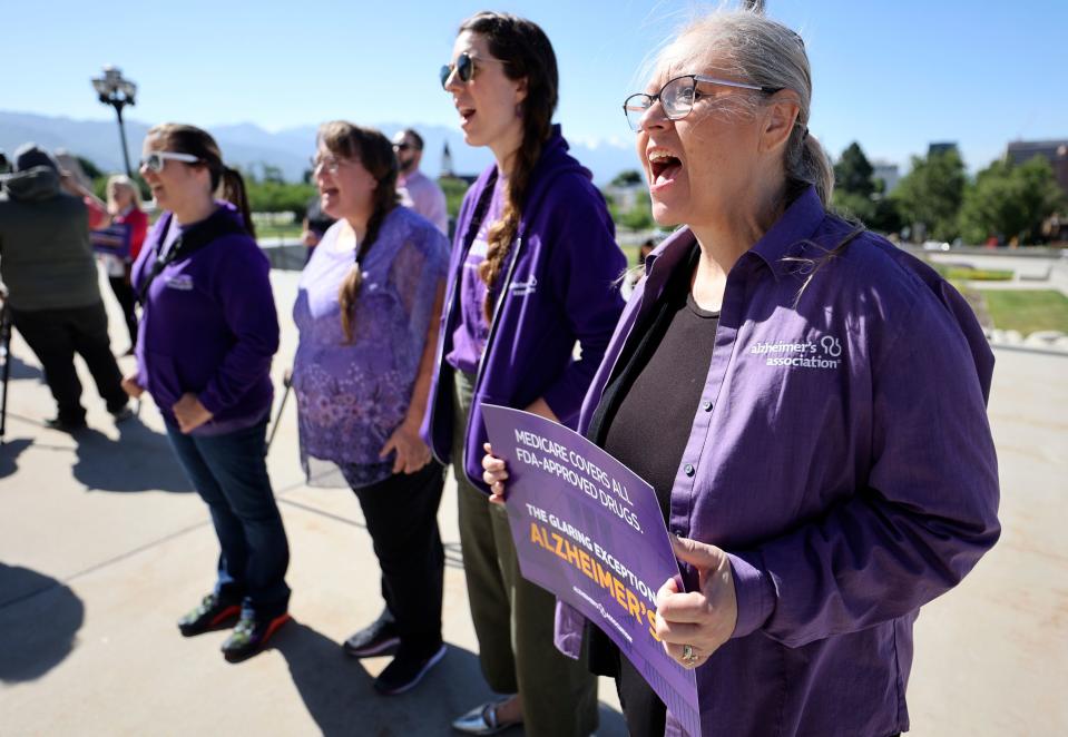 Desiree Anderson, Alzheimer’s Association Utah Chapter development manager, chants during the Alzheimer’s Association’s Rally for Access, asking Medicare and Medicaid to approve access to FDA-approved Alzheimer’s medications, outside the Capitol in Salt Lake City on Wednesday, June 21, 2023. | Kristin Murphy, Deseret News