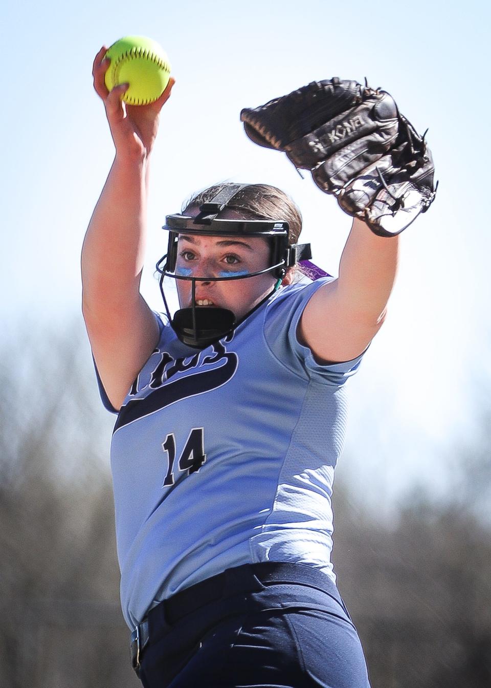 East Bridgewater's Maggie Schlossberg pitches during a game against Bristol-Plymouth on Monday, April 10, 2023.
