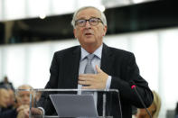 European Commission President Jean-Claude Juncker delivers his speech Wednesday, Sept. 18, 2019 in Strasbourg, eastern France, as members of the European Parliament discuss the current state of play of the UK's withdrawal from the EU. (AP Photo/Jean-Francois Badias)