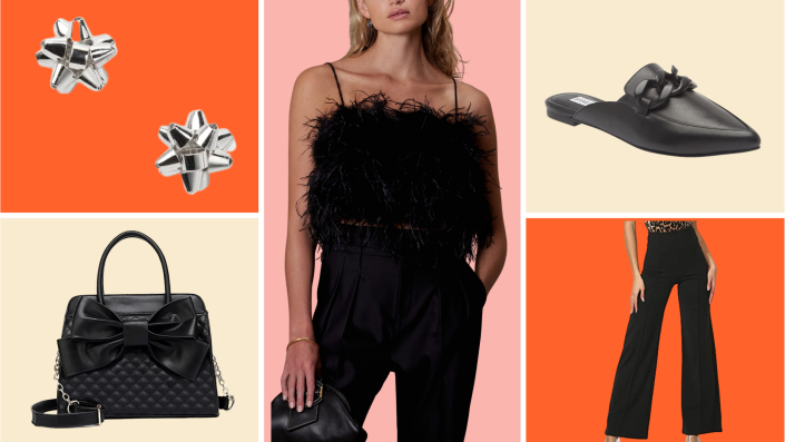 Turn up the drama with an ostrich feather top and high-waisted pants.